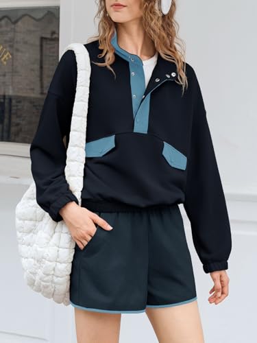 Womens 2 Piece Sets Sweatsuits Casual Half Button Color Block Sweatshirts Running Shorts Tracksuits Fall Outfits