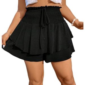 Women's Plus Size Smocked Tiered Ruffle Flowy Shorts Drawstring Elastic Waist Wide Leg Shorts