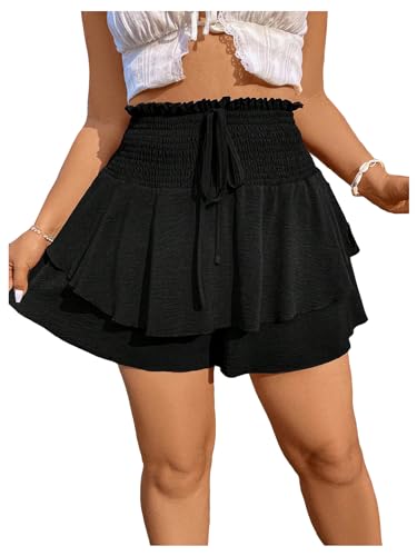 Women's Plus Size Smocked Tiered Ruffle Flowy Shorts Drawstring Elastic Waist Wide Leg Shorts