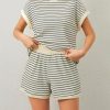 Women Summer 2 Piece Lounge Sets Striped Short Sleeve Tee Shirts Mini Shorts Loungewear Shorts Set Ribbed Pajama Set