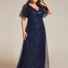 Women's V Neck Sequin Plus Size Ruffle Sleeves Long Formal Dresses 02120-DAPH