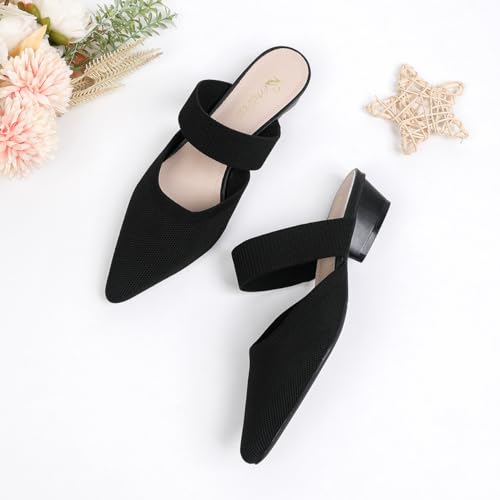 Pointed Toe Mules for Women Chunky Low Heeled Sandals Breathable Backless Mesh Knit Slip on Loafers