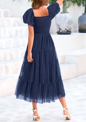 Women's Smocked Tulle Midi Dress 2025 Summer Square Neck Puffy Short Sleeve Ruffle Wedding Guest Party Dresses