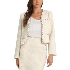 2 Piece Tweed Plaid Skirt Set for Women's Business Collarless Blazer and Mini Skirt Suit Sets