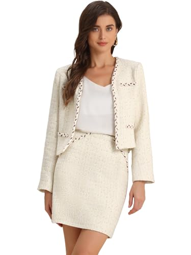2 Piece Tweed Plaid Skirt Set for Women's Business Collarless Blazer and Mini Skirt Suit Sets