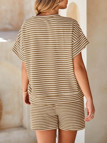 Womens 2 Piece Sets Summer Lounge Sets Striped Short Sleeve Oversized T Shirts Drawstring Shorts Matching Set
