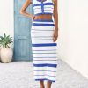 Womens 2 Piece Sets Summer Striped Crochet Knit Coverup Sleeveless Button Crop Tank Top Bodycon Maxi Skirt