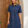 Womens Short Sleeve Denim Dress 2025 Collared Button Front Jean Dresses