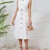 Women's Button Down Shirt Dress Sleeveless Collared A-line Maxi Dress with Belt