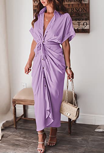 Women Elegant Satin Button Down Short Sleeve Maxi Shirt Dress with Belt