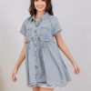 Womens Denim Dress Babydoll Short Sleeve Distressed Loose Button Down Casual Jean Shirt Dress