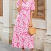 Women's Summer Floral Midi Dress Casual Ruffle Neck Puff Sleeve Button Down Shirt Dresses，No Stretch