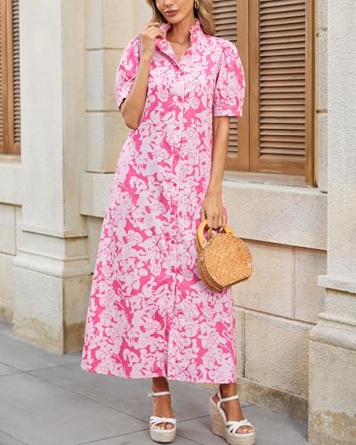 Women's Summer Floral Midi Dress Casual Ruffle Neck Puff Sleeve Button Down Shirt Dresses，No Stretch