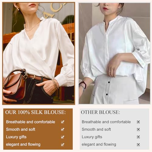 Silk Blouses for Women Long Sleeve Elegant Button Down Shirts Ruched V-Neck Fashion Blouse Ladies Summer Classic Flowy Tops