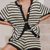 Womens Crochet Swimsuit Coverup Summer Beach Sets Striped Knit Short Sleeve Button Shirts 2 Piece Short Set