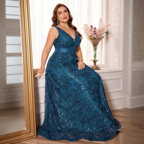 Plus Size Formal Dresses for Women with Embroidery Sequin and V-Neck, A-Line Maxi Dress for Wedding and Cocktail