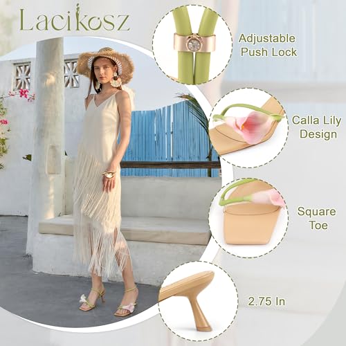 Flower Kitten Heels for Women Calla Lily Square Open Toe Floral Strappy Low Kitty Heeled Sandals Dressy Wedding Shoes
