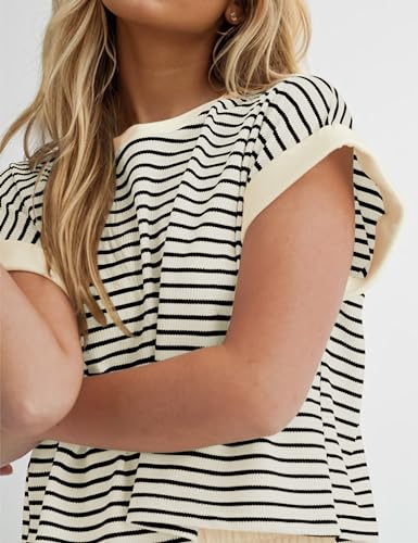 2 Piece Lounge Set Women Stripe Knit Short Sleeve Tee Shirts Shorts Casual Summer Loungewear Shorts Sets