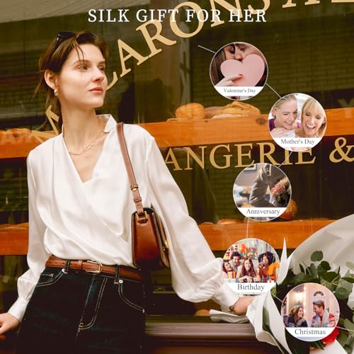 Silk Blouses for Women Long Sleeve Elegant Button Down Shirts Ruched V-Neck Fashion Blouse Ladies Summer Classic Flowy Tops
