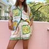 Women's Summer Casual 2 Piece Outfit,Printed Short Sleeve Shirt & Shorts Lounge Set with Elastic Waist and Pocket