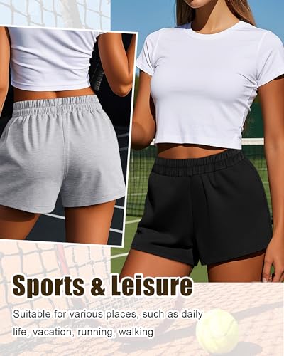 3 Pack Women's Sweat Shorts, Elastic High Waist Casual Summer Lounge Cotton Comfy Athletic Shorts with Pockets