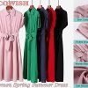 Womens Casual Midi Dresses Solid V Neck Short Sleeve Button Shirt Belted Dress with Pockets for Spring Summer 2025