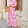 Women's Summer Floral Midi Dress Casual Ruffle Neck Puff Sleeve Button Down Shirt Dresses，No Stretch