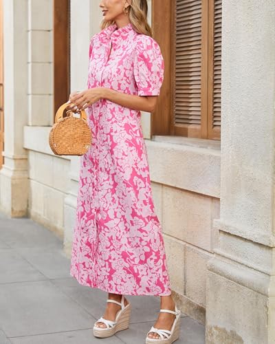 Women's Summer Floral Midi Dress Casual Ruffle Neck Puff Sleeve Button Down Shirt Dresses，No Stretch