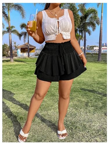 Women's Plus Size Smocked Tiered Ruffle Flowy Shorts Drawstring Elastic Waist Wide Leg Shorts