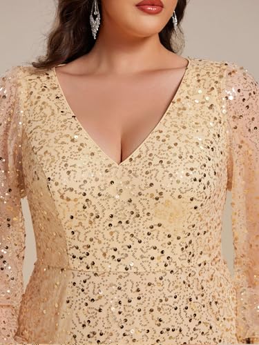 Women's Elegant A-Line V Neck Sheer Long Sleeves Plus Size Sequin Formal Dress Evening Gown