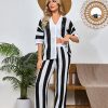 Women's Summer Knit Color Block Two Piece Outfits Button Down Short Sleeved Hollow Out Shirts Long Pants beach Set