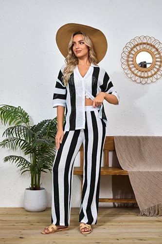 Women's Summer Knit Color Block Two Piece Outfits Button Down Short Sleeved Hollow Out Shirts Long Pants beach Set