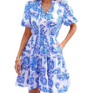 Women Summer Floral Short Dresses V Neck Short Sleeve Tiered Ruffle Boho Swing Dress A-Line Mini Dresses