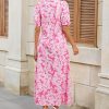 Women's Summer Floral Midi Dress Casual Ruffle Neck Puff Sleeve Button Down Shirt Dresses，No Stretch