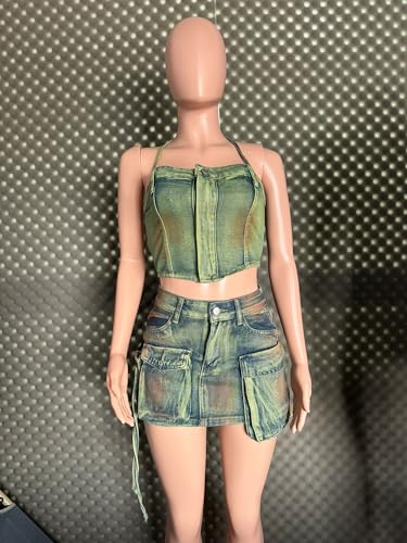 Women's Denim 2 Piece Outfits Tank Top and Bodycon Mini Skirt with 3D Pocket Summer Sexy Cargo Jeans Set Tracksuit