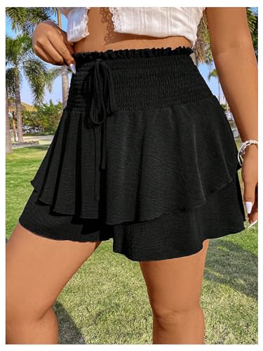 Women's Plus Size Smocked Tiered Ruffle Flowy Shorts Drawstring Elastic Waist Wide Leg Shorts