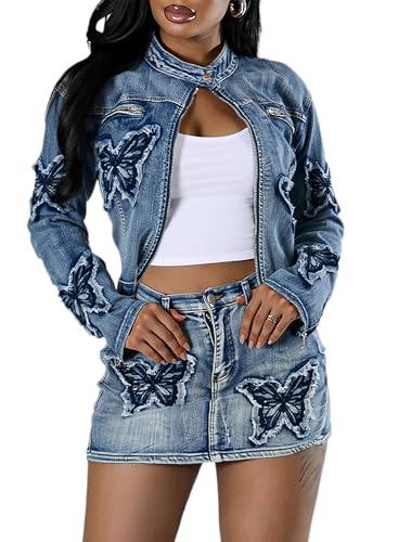 Women’s Denim Set 2 Piece Outfits Casual Denim Jacket & Mini Skirt Set Bodycon Jean Outfits with Pockets