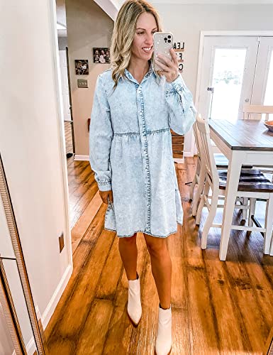 Long Sleeve Denim Dress for Women Jean Dress Button Down Casual Babydoll Denim Shirt Dress