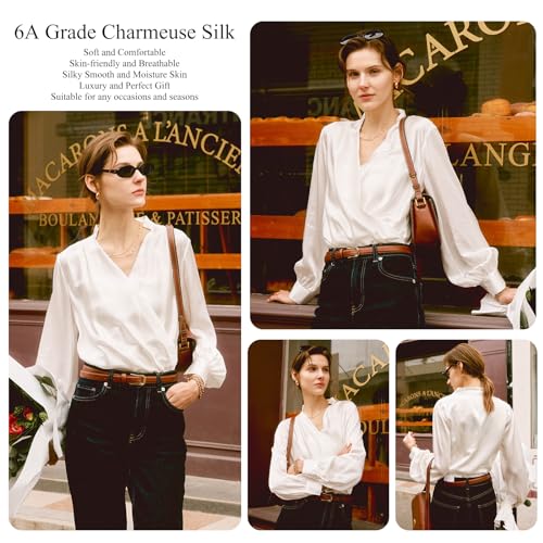 Silk Blouses for Women Long Sleeve Elegant Button Down Shirts Ruched V-Neck Fashion Blouse Ladies Summer Classic Flowy Tops