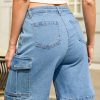 Bermuda Cargo Denim Shorts for Women Knee Length 6 Pockets Elastic Waist Long Jorts for Summer Casual