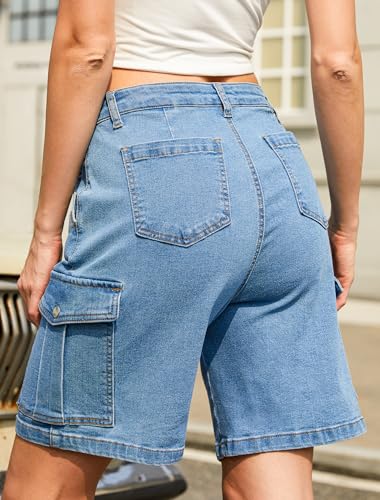 Bermuda Cargo Denim Shorts for Women Knee Length 6 Pockets Elastic Waist Long Jorts for Summer Casual
