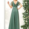 Women's Mother of Bride Dress Double V-Neck Empire Waist Front Wrap Tulle Bridesmaid Dress 07962