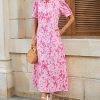Women's Summer Floral Midi Dress Casual Ruffle Neck Puff Sleeve Button Down Shirt Dresses，No Stretch