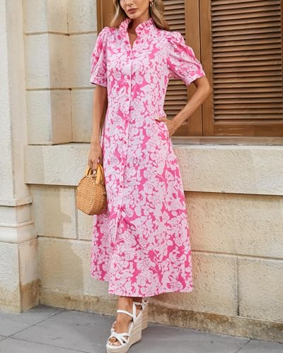 Women's Summer Floral Midi Dress Casual Ruffle Neck Puff Sleeve Button Down Shirt Dresses，No Stretch
