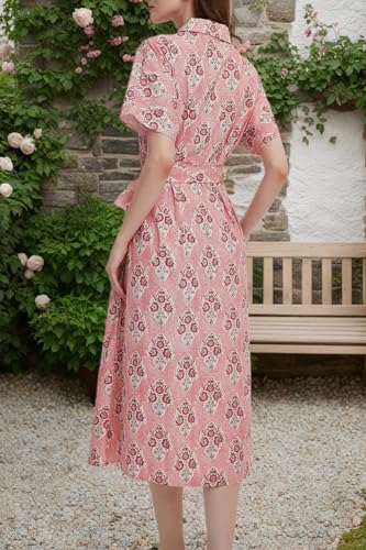 Womens Summer Floral Maxi Dress Short Sleeve V Neck Button Belt Casual Long Flowy Shirt Dress