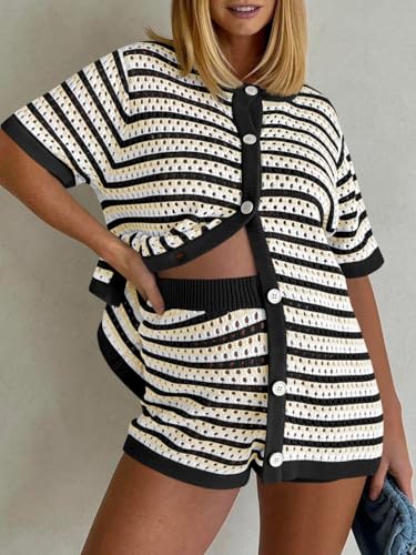 Womens Crochet Swimsuit Coverup Summer Beach Sets Striped Knit Short Sleeve Button Shirts 2 Piece Short Set