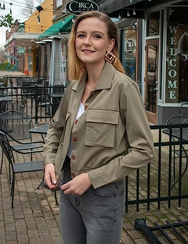 Women's Military Safari Cropped Jackets Button Down Lightweight Oversized Utility Anorak Coat with Pockets