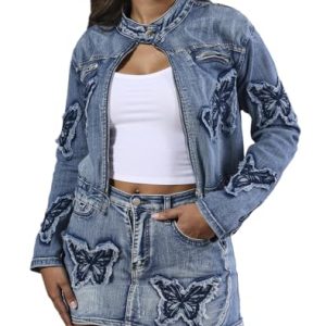 Women’s Denim Set 2 Piece Outfits Casual Denim Jacket & Mini Skirt Set Bodycon Jean Outfits with Pockets