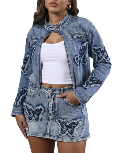 Women’s Denim Set 2 Piece Outfits Casual Denim Jacket & Mini Skirt Set Bodycon Jean Outfits with Pockets