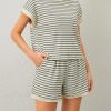 Women Summer 2 Piece Lounge Sets Striped Short Sleeve Tee Shirts Mini Shorts Loungewear Shorts Set Ribbed Pajama Set